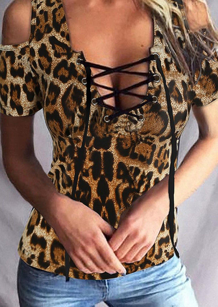 

Lace Up Cold Shoulder Leopard Blouse, Multicolor, 528258