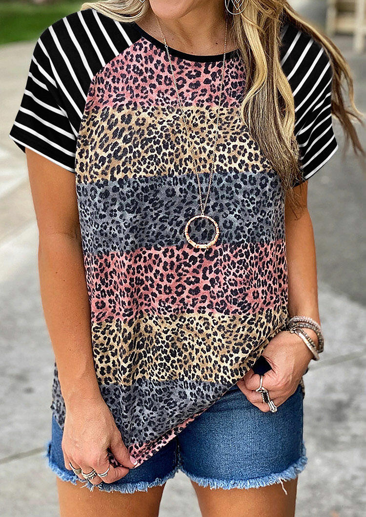 

Color Block Leopard Striped Blouse, Multicolor, 528327