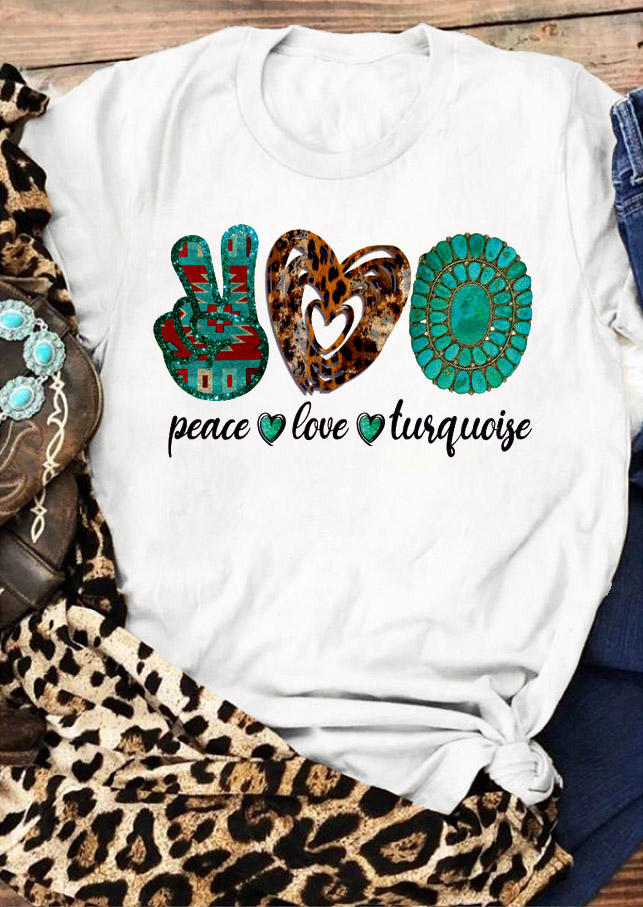 Peace Love Turquoise Leopard T-Shirt Tee - White