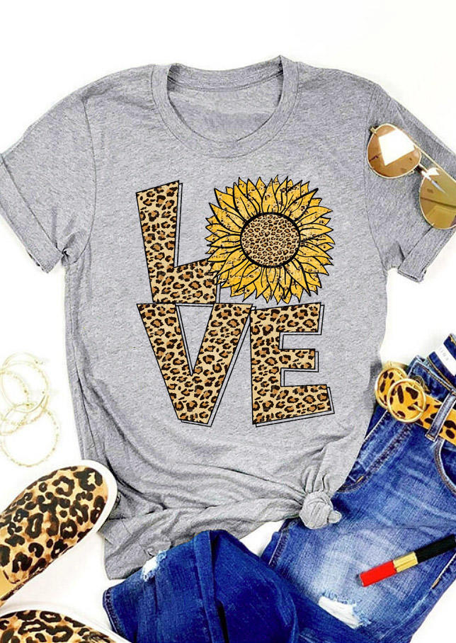 

Leopard Sunflower Love T-Shirt Tee - Gray, 528875