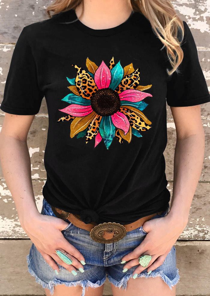 

Sunflower Leopard O-Neck T-Shirt Tee - Black, 528878