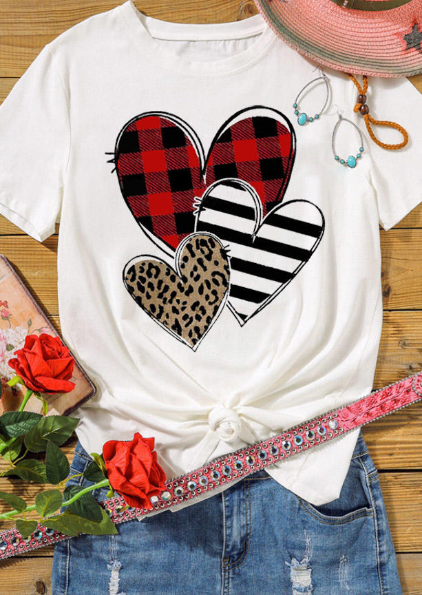 Striped Leopard Plaid Heart T-Shirt Tee - White