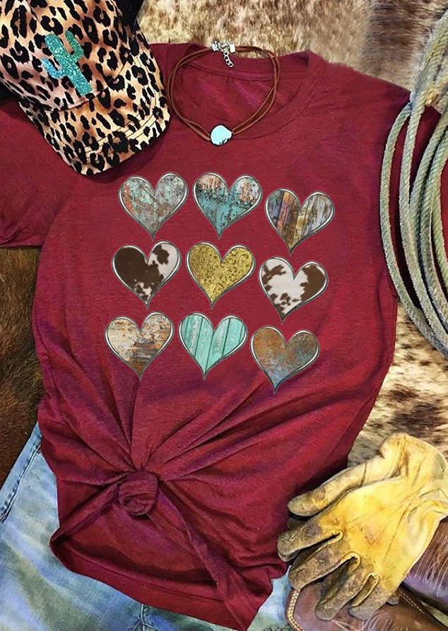 Cow Love Heart O-Neck T-Shirt Tee - Burgundy