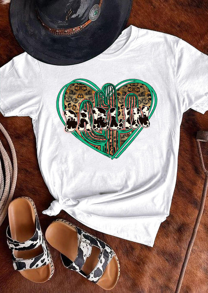 

Darlin Leopard Cow Heart Cactus T-Shirt Tee - White, 528909