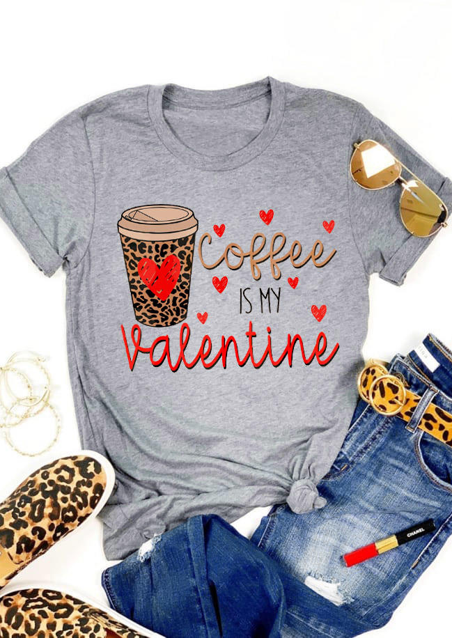 

Coffee Is My Valentine Heart Leopard T-Shirt Tee - Gray, 528933