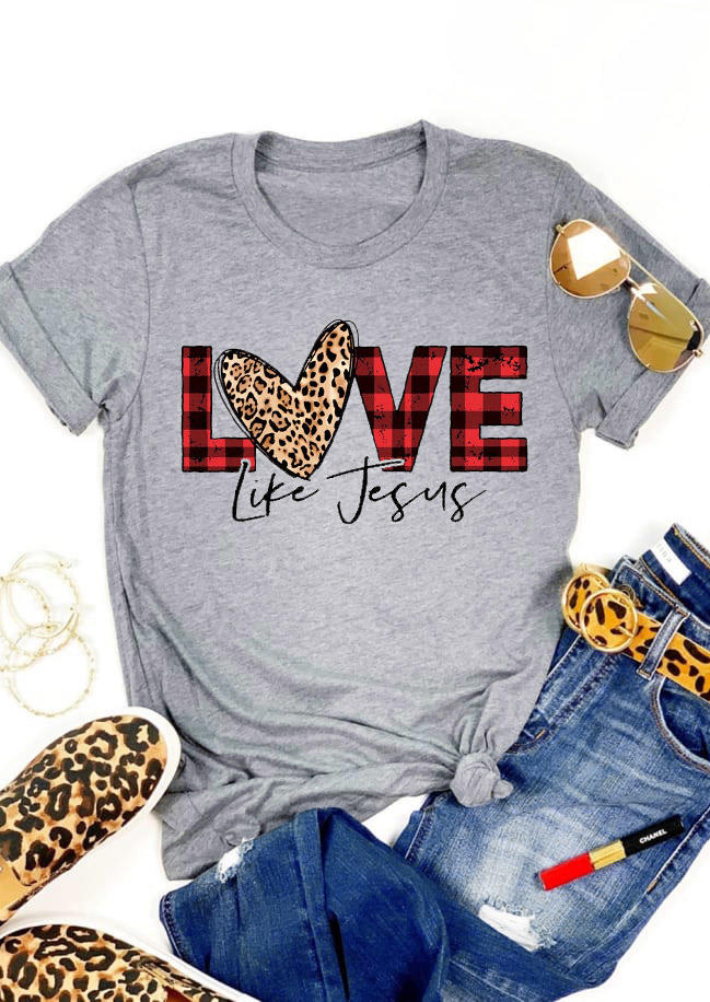 

Plaid Leopard Love Like Jesus T-Shirt Tee - Gray, 528940