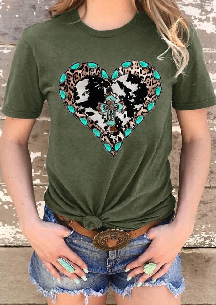 

Turquoise Leopard Heart Cross T-Shirt Tee - Army Green, 528950