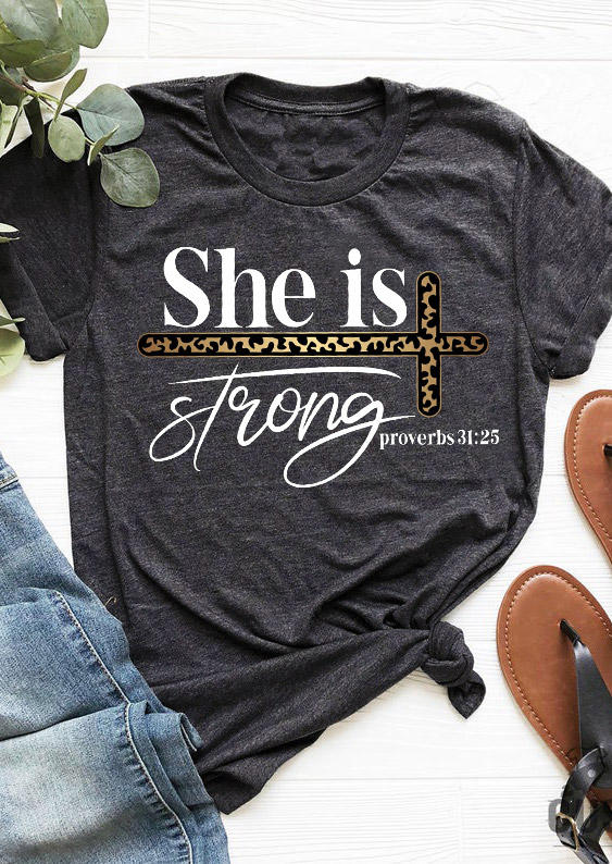 She Is Strong Leopard Cross T-Shirt Tee - Dark Grey