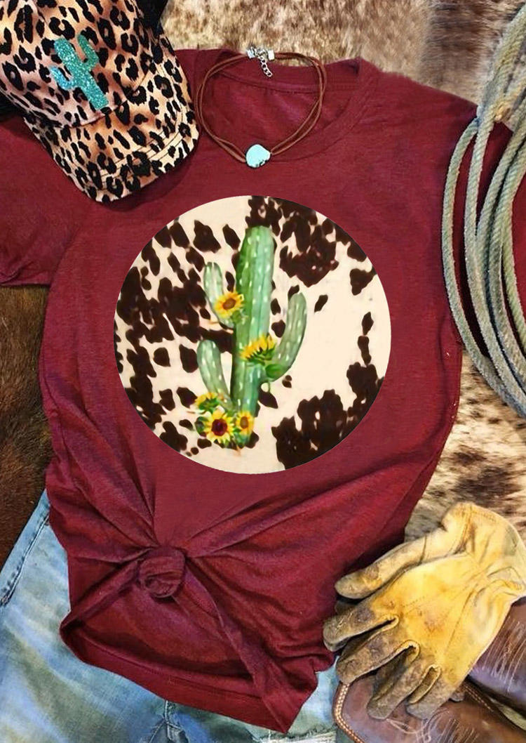 

Cactus Sunflower Cow T-Shirt Tee - Burgundy, 528963
