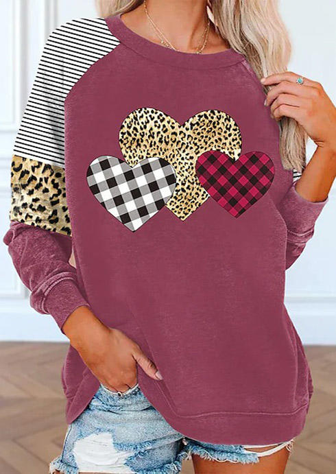 

Valentine Striped Plaid Leopard Heart Blouse - Cameo Brown, 528976