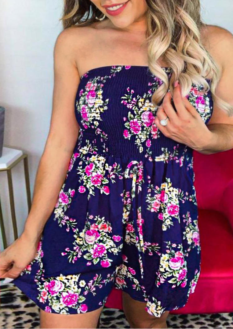 

Floral Bandeau Strapless Smocked Waist Romper - Navy Blue, SCM000095