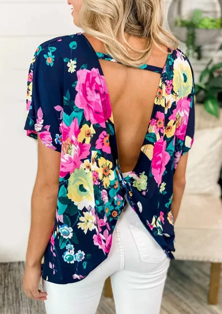 

Twist Open Back Floral Blouse - Blue, SCM000175