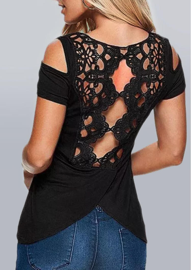 

Lace Hollow Out Cold Shoulder Blouse - Black, SCM000251