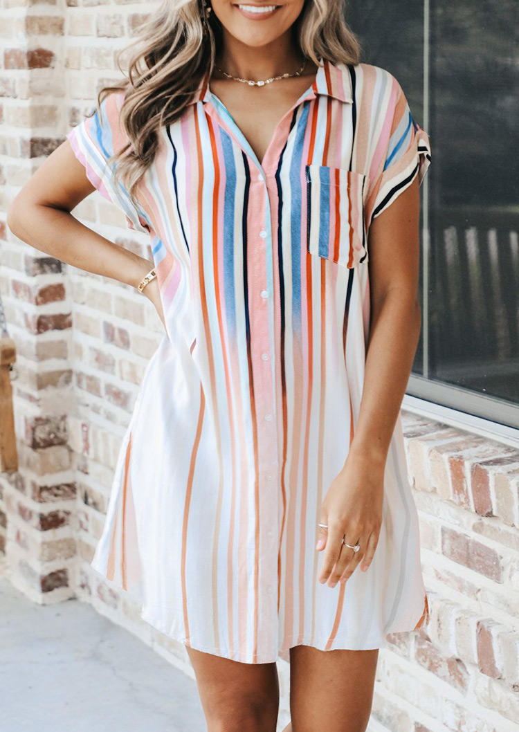 

Gradient Vertical Striped Pocket Shirt Mini Dress, Multicolor, 527226