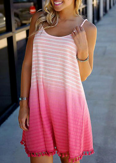 

Striped Gradient Tassel Mini Dress - Pink, 528275