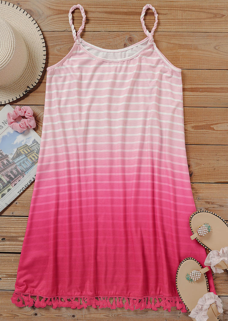 Striped Gradient Tassel Mini Dress - Pink