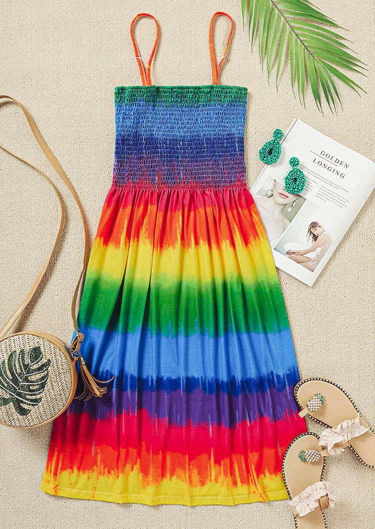 Buy Tie Dye Rainbow Smocked Mini Dress. Picture