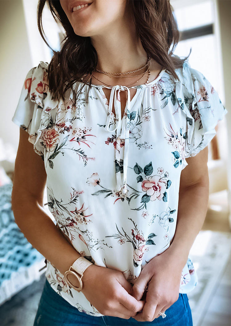 

Floral Ruffled Tie Short Sleeve Blouse - White, 528388
