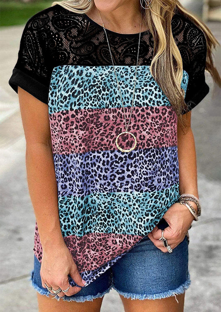 

Lace Splicing Leopard Color Block Blouse, Multicolor, 528397