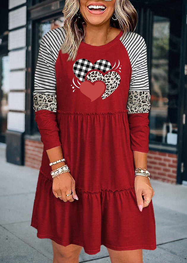 

Plaid Leopard Striped Heart Ruffled Mini Dress - Red, 528978