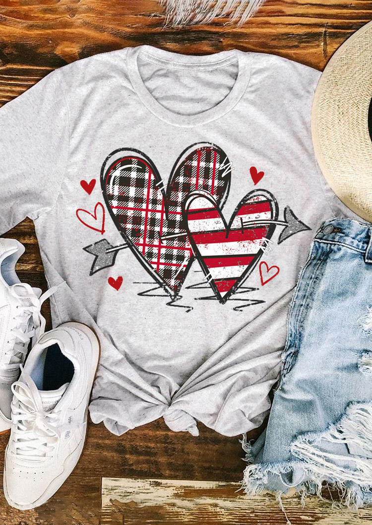 

Heart Arrow Plaid Striped T-Shirt Tee - Light Grey, 529117