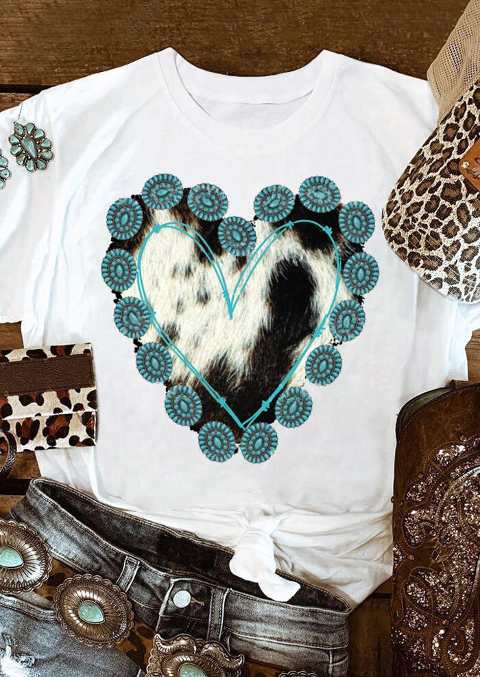 Heart Turquoise Cow T-Shirt Tee - White, 529145