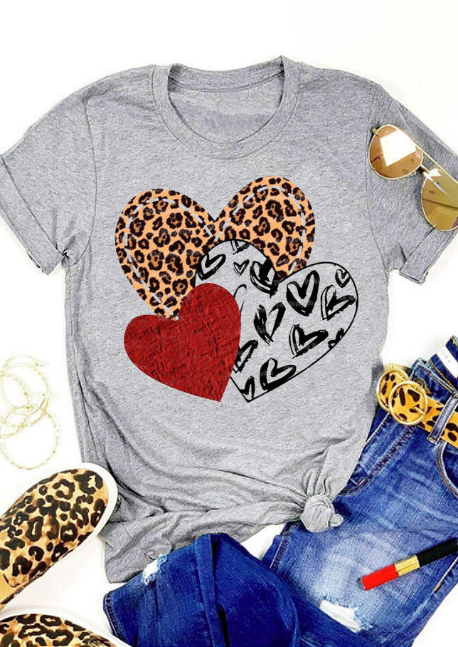 Valentine Heart Leopard T-Shirt Tee - Gray