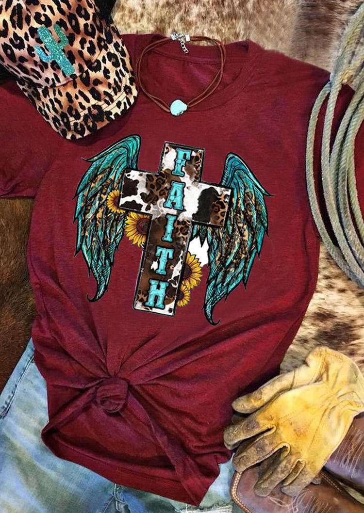 

Faith Leopard Cross Wing Sunflower T-Shirt Tee - Burgundy, 529149