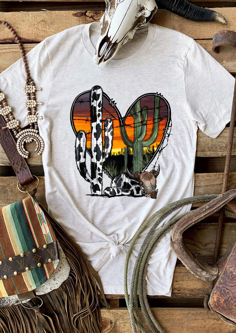 

Cow Cactus Heart Desert Steer Skull T-Shirt Tee - Light Grey, 529151