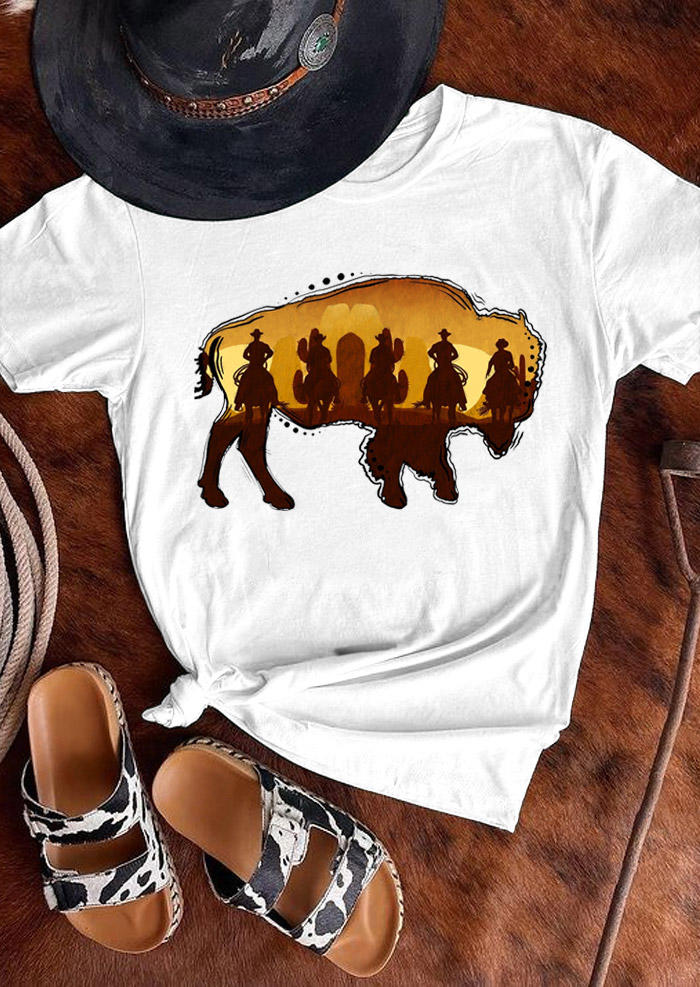 Bison Cactus Cowboy Western T-Shirt Tee - White