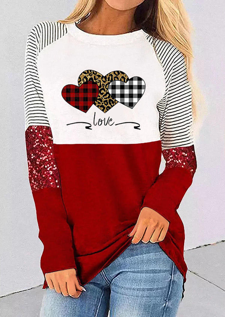 

Valentine Striped Leopard Plaid Love Heart Blouse - Red, 529197