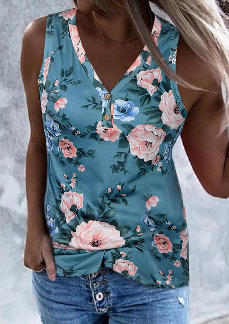 

Floral Button V-Neck Tank, Multicolor, SCM000198