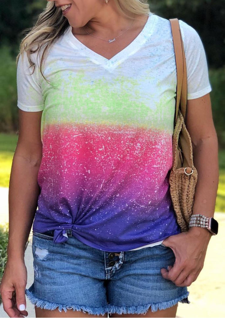 

Colorful Gradient V-Neck Blouse, Multicolor, SCM000225