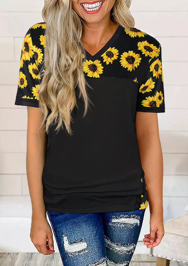 Sunflower V-Neck Short Sleeve Blouse - Black