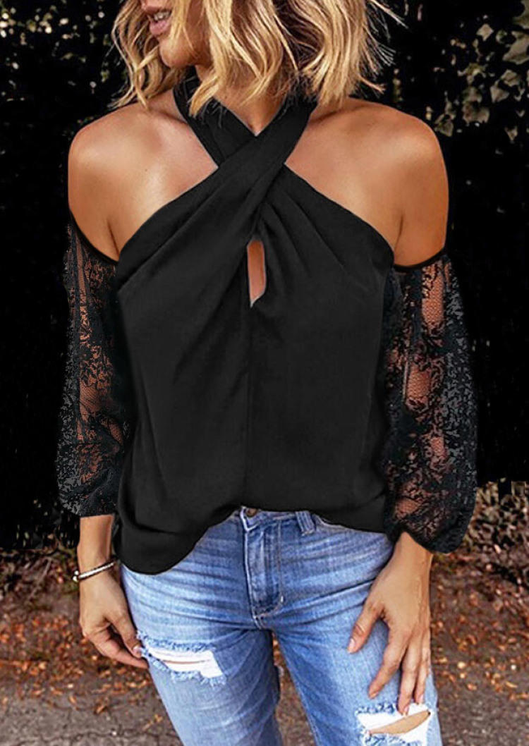 

Lace Criss-Cross Cold Shoulder Blouse - Black, SCM000184