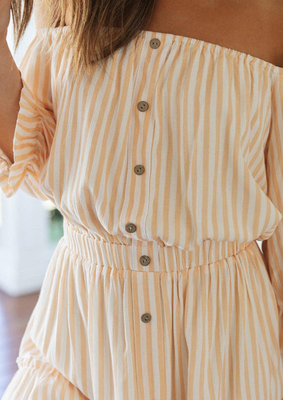 Vertical Striped Button Off Shoulder Mini Dress