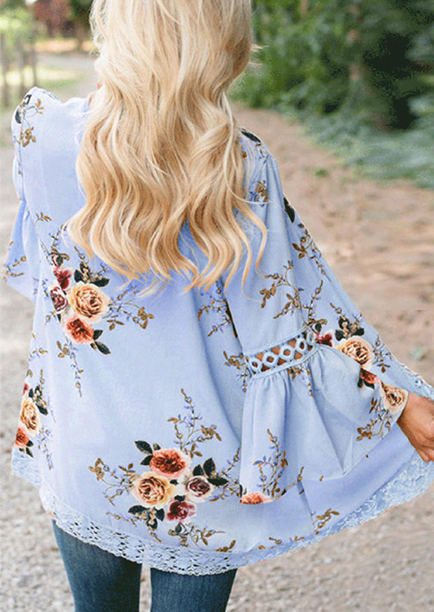 

Floral Lace Hollow Out Three Quarter Sleeve Cardigan - Blue, 528015