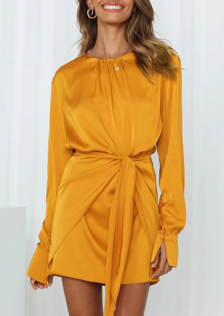 

Ruffled Tie Long Sleeve Mini Dress - Yellow, 529234