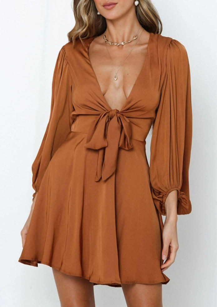 

Bowknot Zipper Puff Sleeve Mini Dress - Chocolate, Brown, 529235