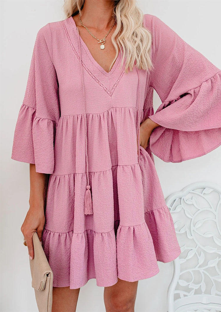 

Ruffled Tassel V-Neck Mini Dress - Pink, 527485