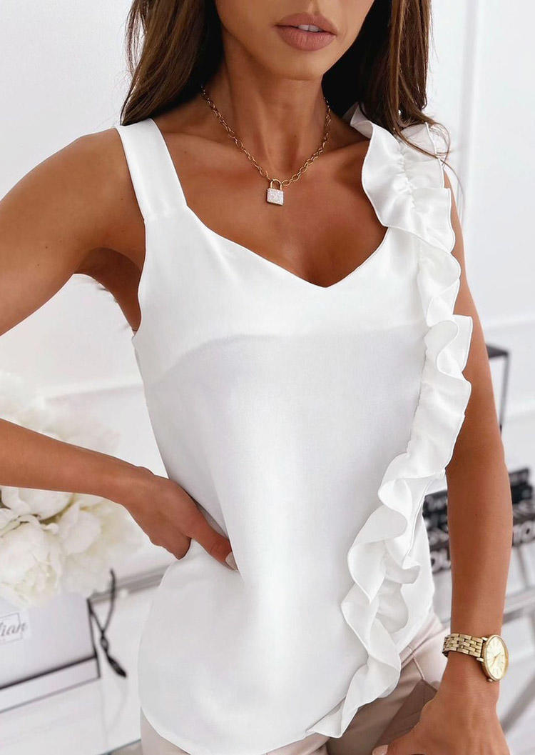 

Ruffled Asymmetrical Open Back Tank - White, 528120