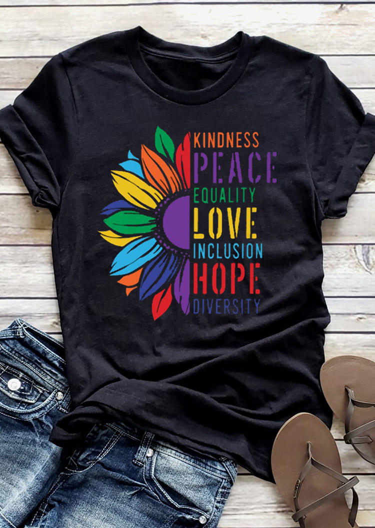 

Kindness Peace Equality Love Inclusion Hope Diversity T-Shirt Tee - Black, 529115