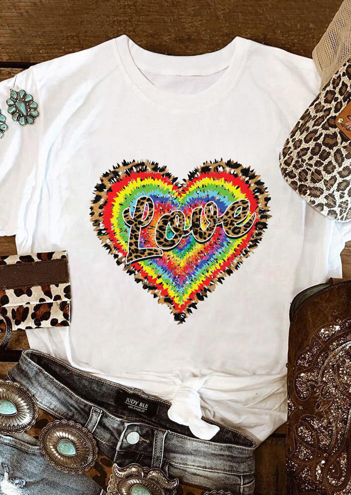 

Valentine Love Heart Tie Dye Leopard T-Shirt Tee - White, 529128