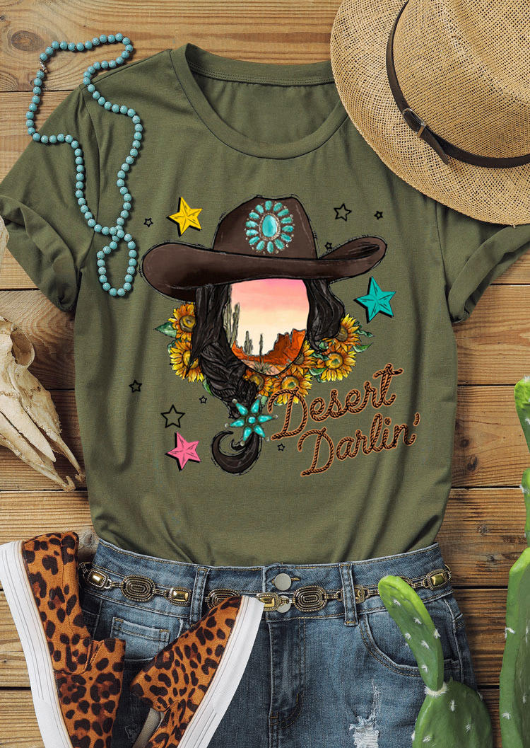 

Desert Darlin' Cowgirl Turquoise Sunflower T-Shirt Tee - Army Green, 529153