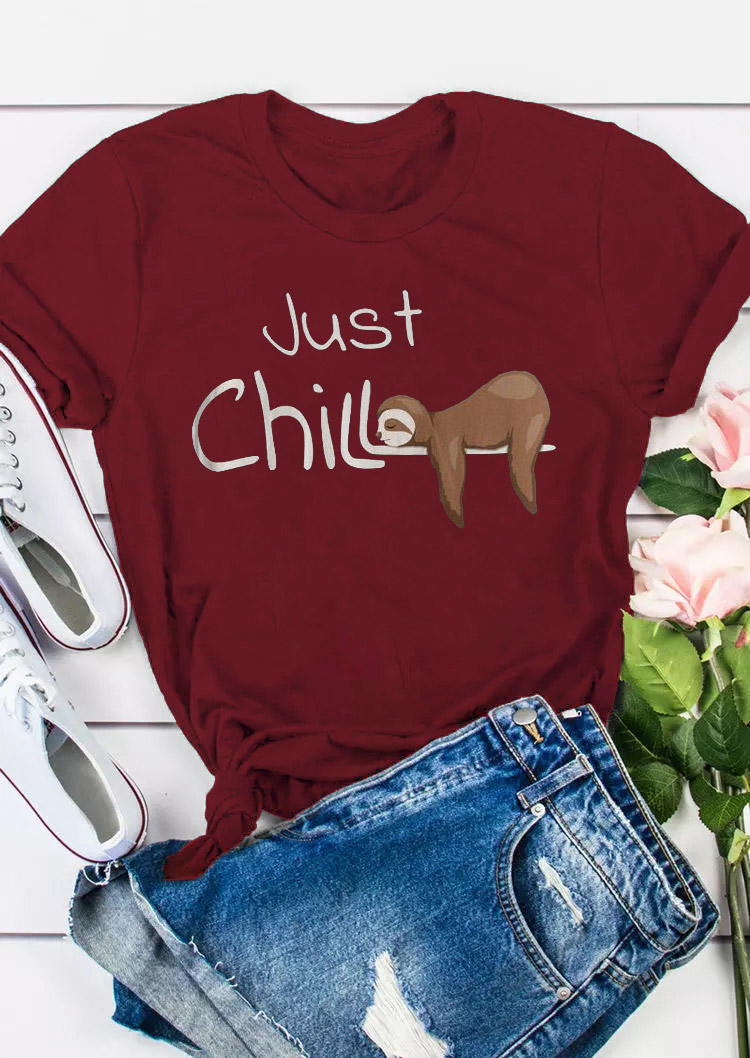 

Just Chill Cartoon O-Neck T-Shirt Tee - Burgundy, 529160