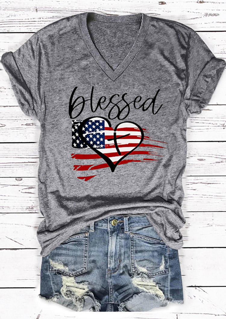 

American Flag Blessed V-Neck T-Shirt Tee - Gray, 529176