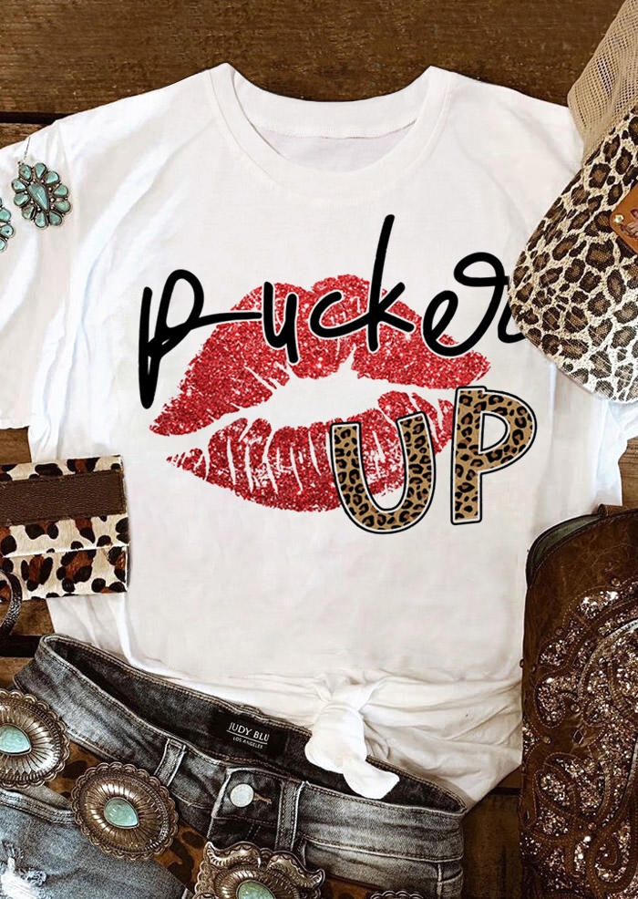 

Valentine Pucker Up Leopard Lips T-Shirt Tee - White, 529182