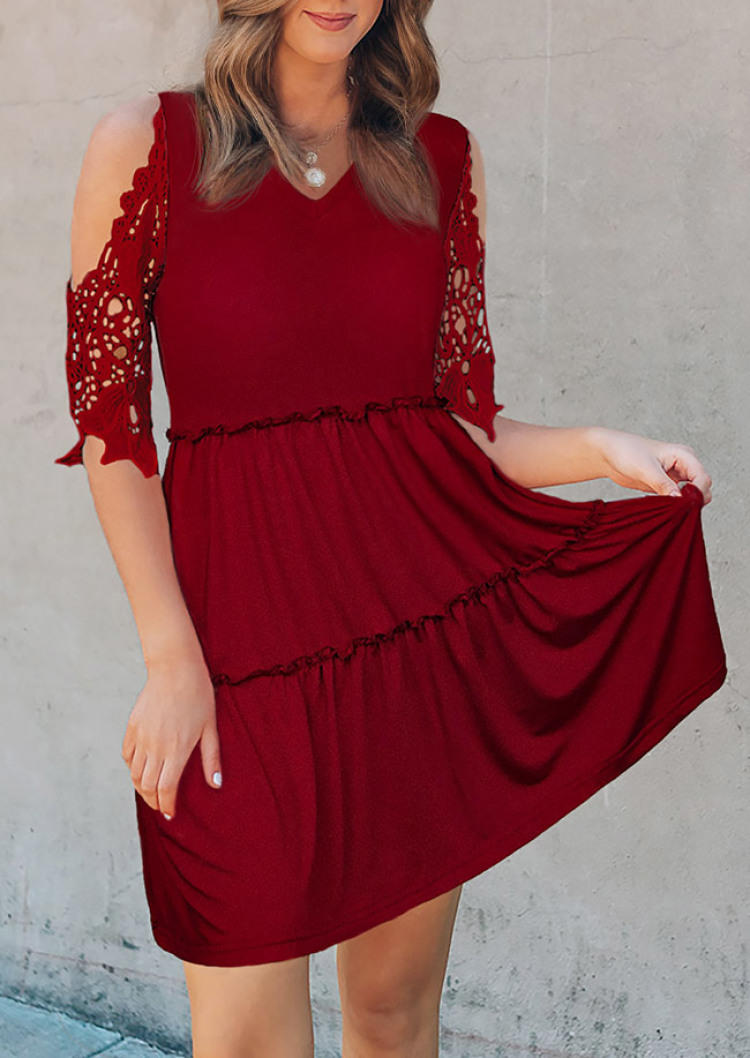 Lace Cold Shoulder Mini Dress - Burgundy