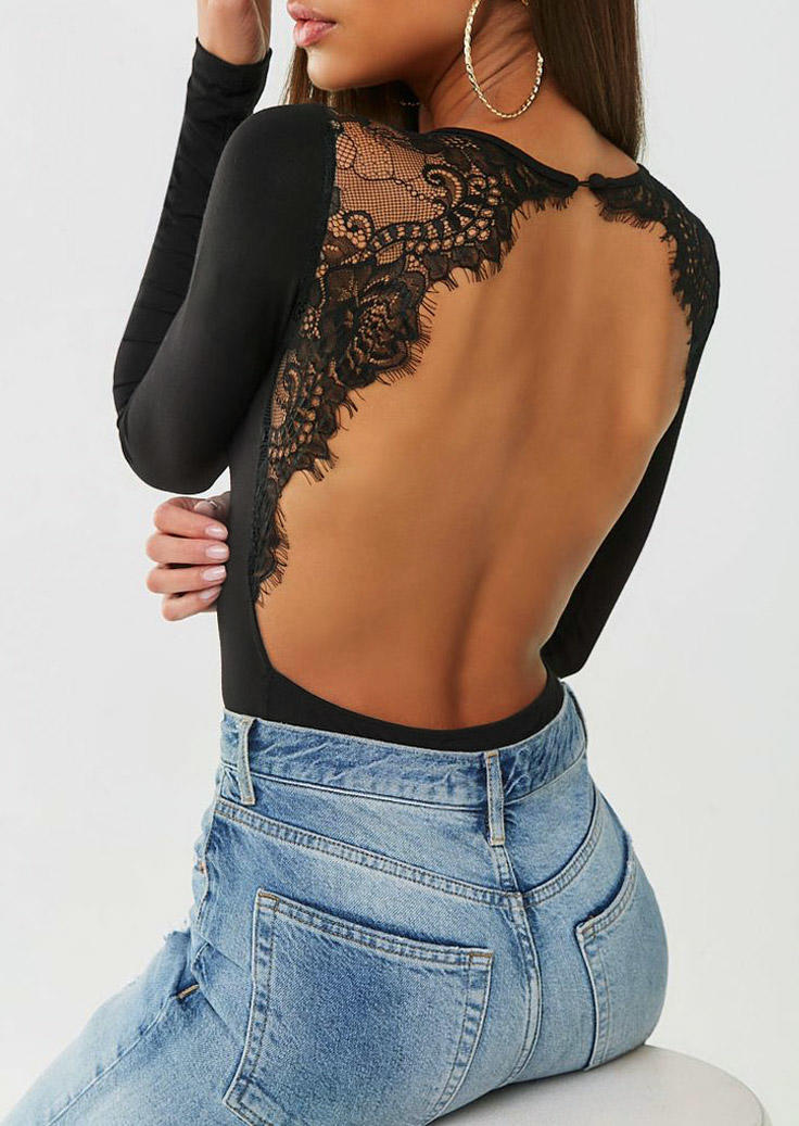

Lace Splicing Open Back One-Piece Bodysuit - Black, 527664