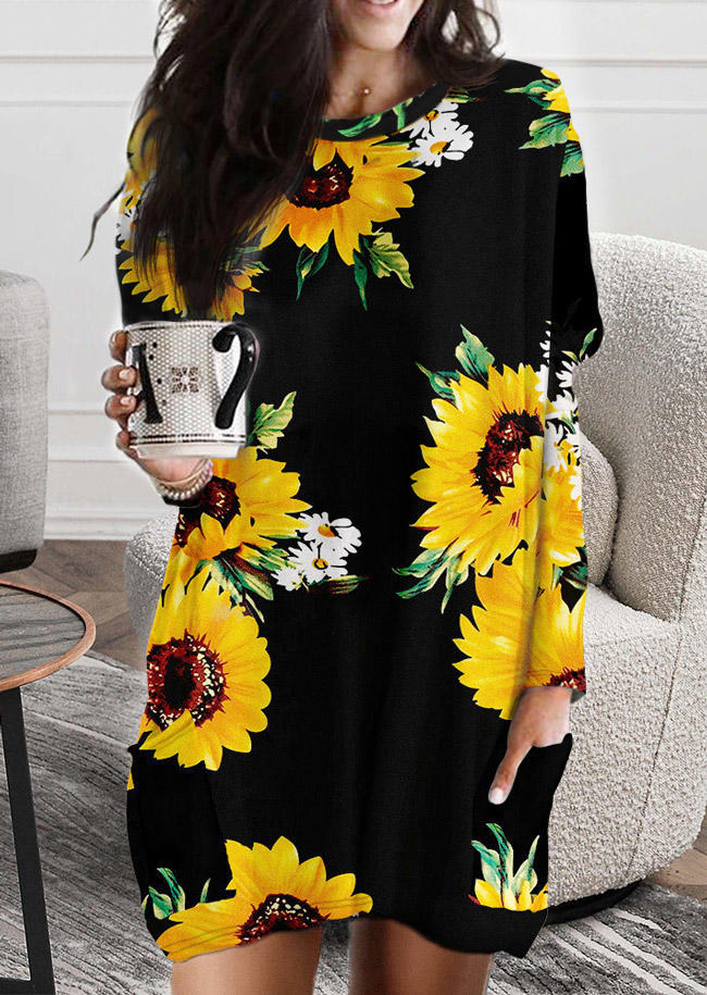 Sunflower Daisy Pocket Mini Dress - Black